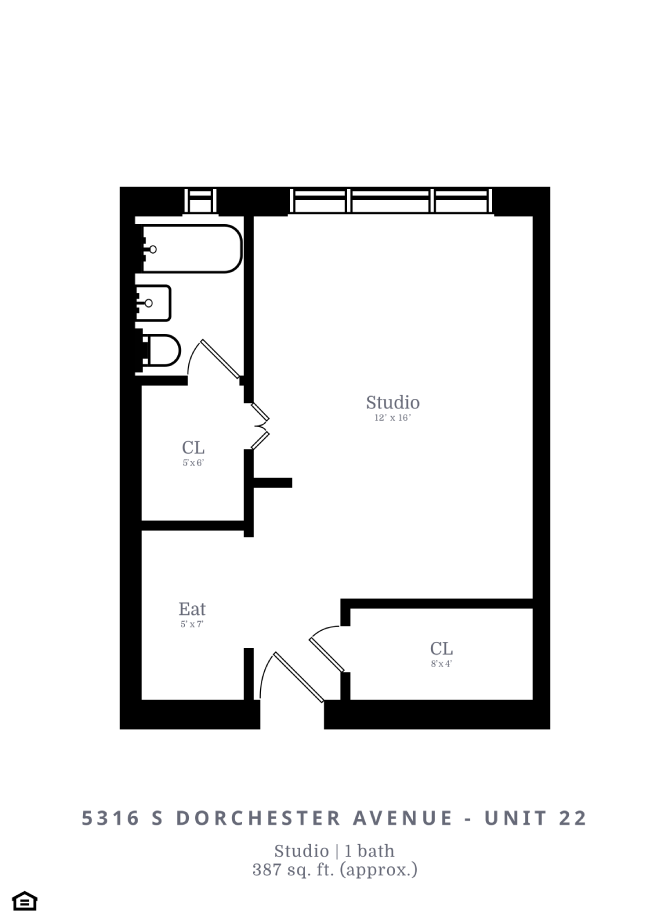 Floor plan for studio, 1 bath, 387 sqft